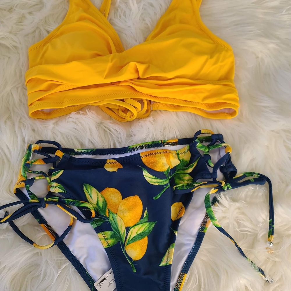 Yellow Cross-Front Bikini Top and Floral Bottoms - Picture 6 of 9